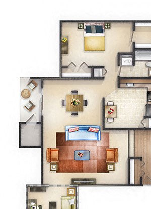 Floor plan large 1 bedroom apartment at The Forest
